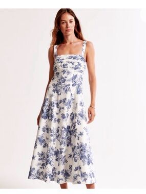 Abercrombie & Fitch White Midi Dress with Blue Floral Print